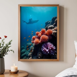Underwater Coral Reef with Diver Wall Art, Vibrant Marine Life Photography, Ocean Scene Print, Colorful Home Decor, Nature Art