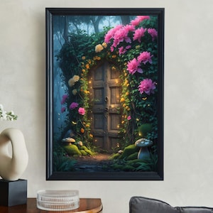 Enchanted Forest Door Wall Art, Magical Garden Entrance Print, Fairy Tale Home Decor, Mystical Flower Gate Artwork, Whimsical Nature