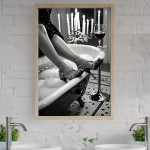 Glamorous Bathroom Wall Art Print, Elegant Bath Decor with Candles and Wine, Sophisticated Black and White Wall Art, Home Decor