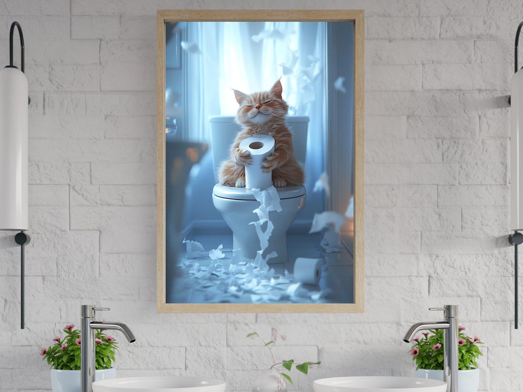 Cute Cat Wall Art, Funny Bathroom Decor, Cat With Toilet Paper ...
