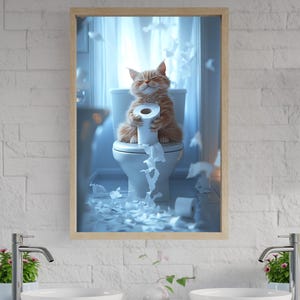 Cute Cat Wall Art, Funny Bathroom Decor, Cat with Toilet Paper, Whimsical Home Art, Cat Lover Gift, Quirky Bathroom Print
