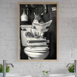 Humorous Squirrel Wall Art Black and White Animal Print Bathroom Decor Quirky Animal Reading Toilet Art Whimsical Home Decor