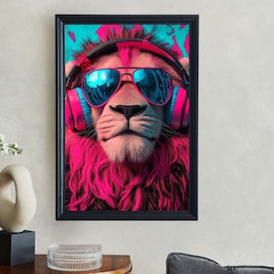 Cool Lion with Headphones Wall Art, Pink and Blue Lion Poster, Unique Animal Artwork for Home Decor, Trendy Lion Print, Gift for Music