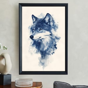 Wolf Watercolor Wall Art, Nature Lover Painting, Wildlife Animal Print, Rustic Home Decor, Woodland Creature Artwork, Blue Wolf Portrait