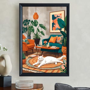 Scandinavische kunst aan de muur woonkamer, gezellig interieur met kat, plantenprints in bohostijl, levendige poster woondecoratie