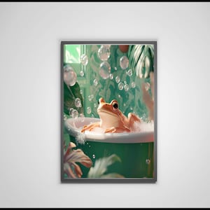 Schattig kikkerbad Art Print, grillige kikker muurdecoratie, op de natuur geïnspireerde badkamerkunst, botanische bubbelbad print, kinderkamer kunst