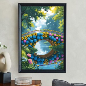 Stunning Floral Bridge Wall Art Print, Colorful Nature-Inspired Home Decor, Vibrant Landscape Art, Botanical Garden Art Poster
