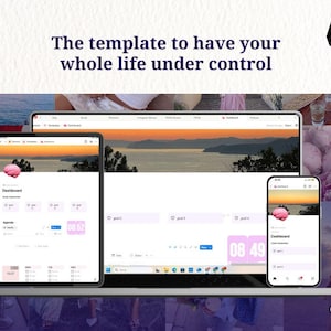 Może przedstawiać: Cyfrowy szablon wyświetlany na tablecie, laptopie i smartfonie. Ekrany pokazują interfejs pulpitu nawigacyjnego z ikoną mózgu i tekstem "The template to have your whole life under control". Tło przedstawia zachód słońca i obrazy kwiatowe.