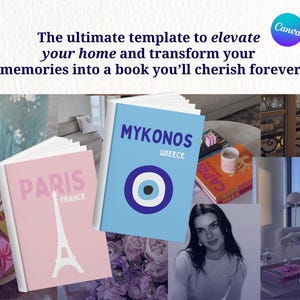 Può includere: Immagine con libri a tema viaggio con le parole "Parigi" e "Mykonos" sulle copertine. Il libro di Mykonos è blu con un simbolo a occhio. Il libro di Parigi è rosa con un'illustrazione della Torre Eiffel. Il logo Canva è in alto a destra.