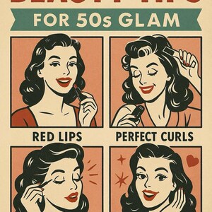 Retro 50s Beauty Tips Poster | Vintage Glam Wall Art | A4 & A5 Sizes | Pin-Up Style Makeup Guide