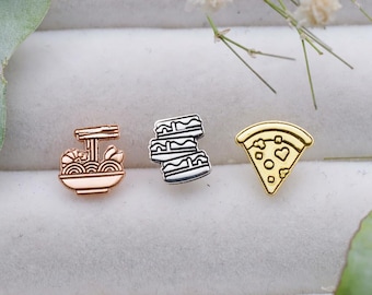 Sterling Silver Noodle Burger Pizza Earrings, Food Enamel Pin Set