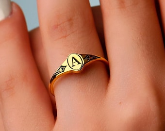 Sterling Silver Art Deco Initial Ring, Personalized Geometric Victorian Style Jewelry