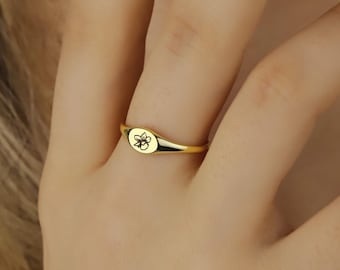 Personalized Birth Flower Signet Ring, Sterling Silver Floral Jewelry