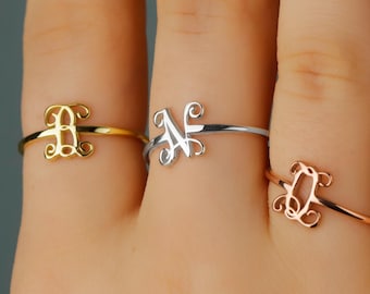 Custom Script Initial Ring, Sterling Silver Monogram Band, Personalized Letter Jewelry