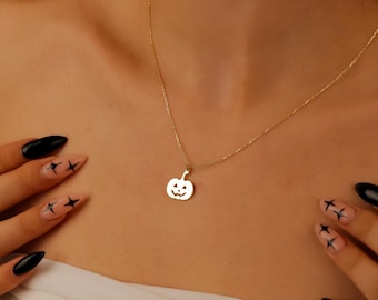 Sterling Silver Jack-O'-Lantern Necklace, Minimalist Pumpkin Pendant, Halloween Autumn Charm