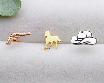 Sterling Silver Wild West Stud Earrings, Cowboy Hat, Horse, Revolver Set