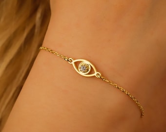 Gold CZ Evil Eye Bracelet: Sterling Silver Protection Charm, Minimalist Spiritual Jewelry
