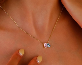Collar Toi Et Moi / Joyería con piedras preciosas / Piedras en forma de corazón y rectángulo / Collar minimalista con piedra de nacimiento