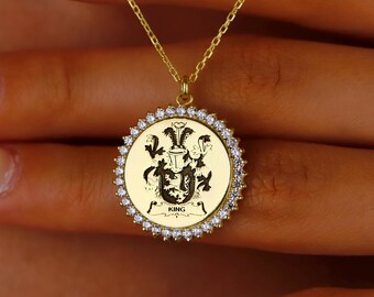 Custom Family Crest Necklace, 925 Sterling Silver Medallion with Stones