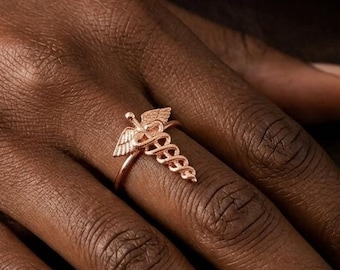 Sterling Silver Caduceus Ring: Medical Symbol, Wings Charm, Graduation Jewelry