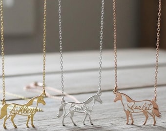 Personalized Horse Name Necklace, Equestrian Silhouette Pendant, Sterling Silver, Gold, Rose Gold