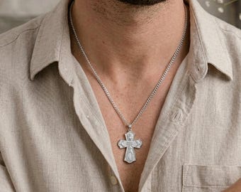 Sterling Silver Saint Michael Jesus Cross Necklace: Religious Protection Pendant
