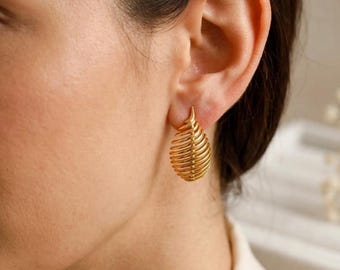 3D Sculptural Teardrop Earrings-925 Sterling Silver-Statement Drop Studs-Modernist Geometric Jewelry-Ribbed Cage Earrings-Gift for Women