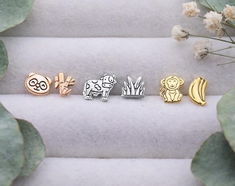 Mismatched Animal Food Stud Earrings: Sterling Silver, Asymmetric Animal Jewelry