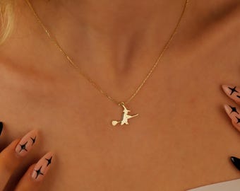 Sterling Silver Witch Broomstick Necklace, Gothic Magic Pendant, Halloween Jewelry