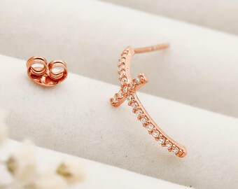 Cz Diamond Curved Cross Stud Earrings-925 Sterling Silver-Religious Jewelry-Faith Gift for Her-Crucifix Earring-Christian Gift-Baptism