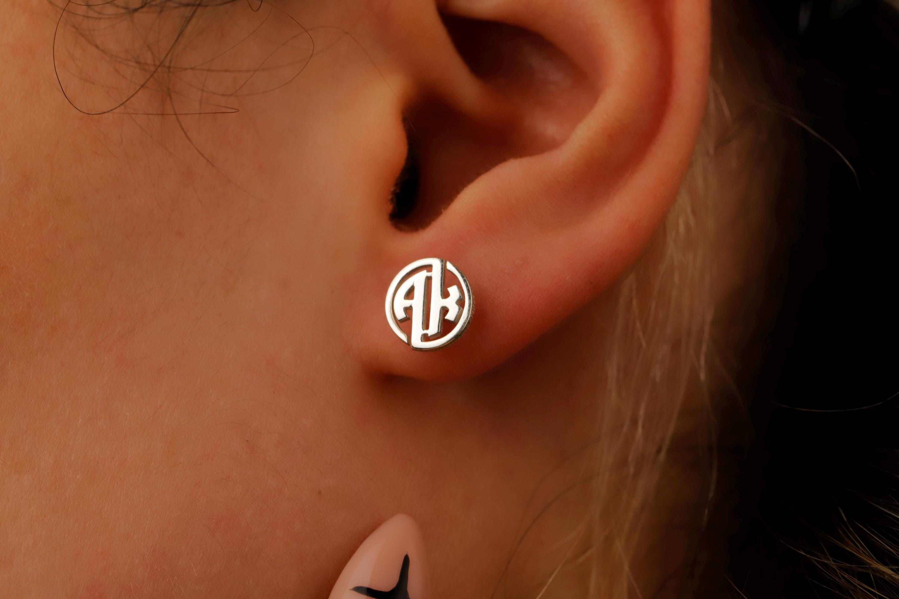 Custom Circle Monogram Earrings, Sterling Silver Initials Studs