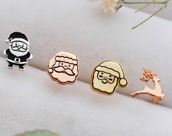 Christmas Stud Earrings-925 Sterling Silver-Cute Santa Claus & Reindeer Earrings-Xmas Party Jewelry-Minimalist Accessories-Unisex Gift