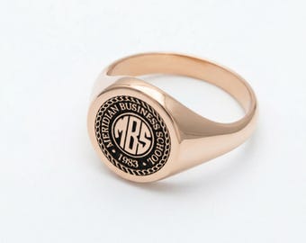 Custom School Emblem Signet Ring, Sterling Silver, Graduation Alumni Jewelry