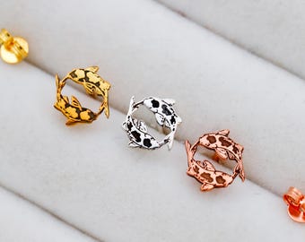 Sterling Silver Koi Fish Yin Yang Stud Earrings, Japanese Pisces Jewelry