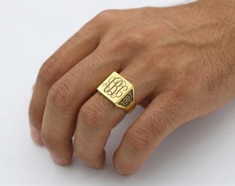 Custom Monogram Signet Ring-925 Sterling Silver-Personalized Side Engraved Ring-Monogram Jewelry-Date & Symbol Ring-Initial Signet Ring