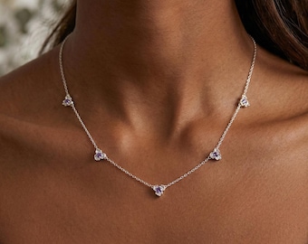 Birth Flower Station Necklace, Silver Dainty Birthstone Jewelry