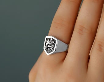 Custom Family Crest Signet Ring: Sterling Silver Heraldic Coat of Arms Jewelry