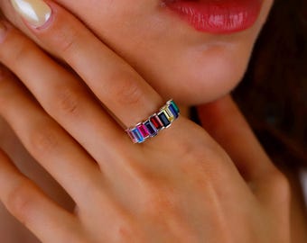 Baguette Gemstone Ring: Adjustable Sterling Silver Birthstone Jewelry