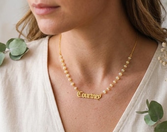 Old English Name Necklace with Beads – Sterling Silver Gothic Nameplate Jewelry