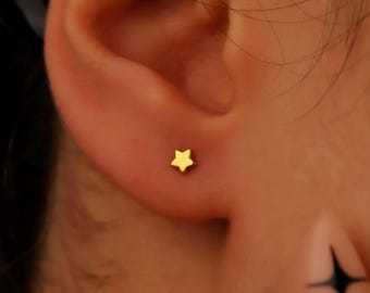 Tiny Sterling Silver Star Stud Earrings, Dainty Celestial Jewelry, Second Hole Studs