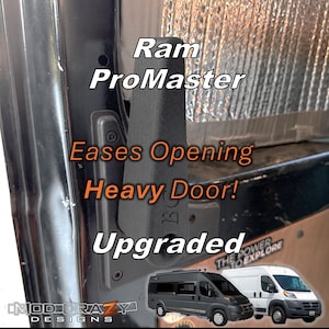 May include: Black, upgraded door handle for Ram ProMaster vans. The handle eases opening heavy doors. The image includes the text "Ram ProMaster Eases Opening Heavy Door! Upgraded". The handle is black and mounted on a black door.