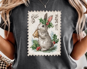 Vintage Christmas Bunny Stamp T-Shirt, Retro Holiday Rabbit Tee