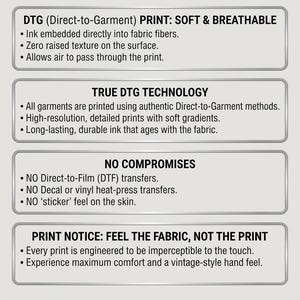 May include: An informational graphic with four rectangular boxes containing black text on a light background. The text details DTG printing technology, emphasizing soft, breathable, high-resolution prints without raised textures or sticker-like feels.