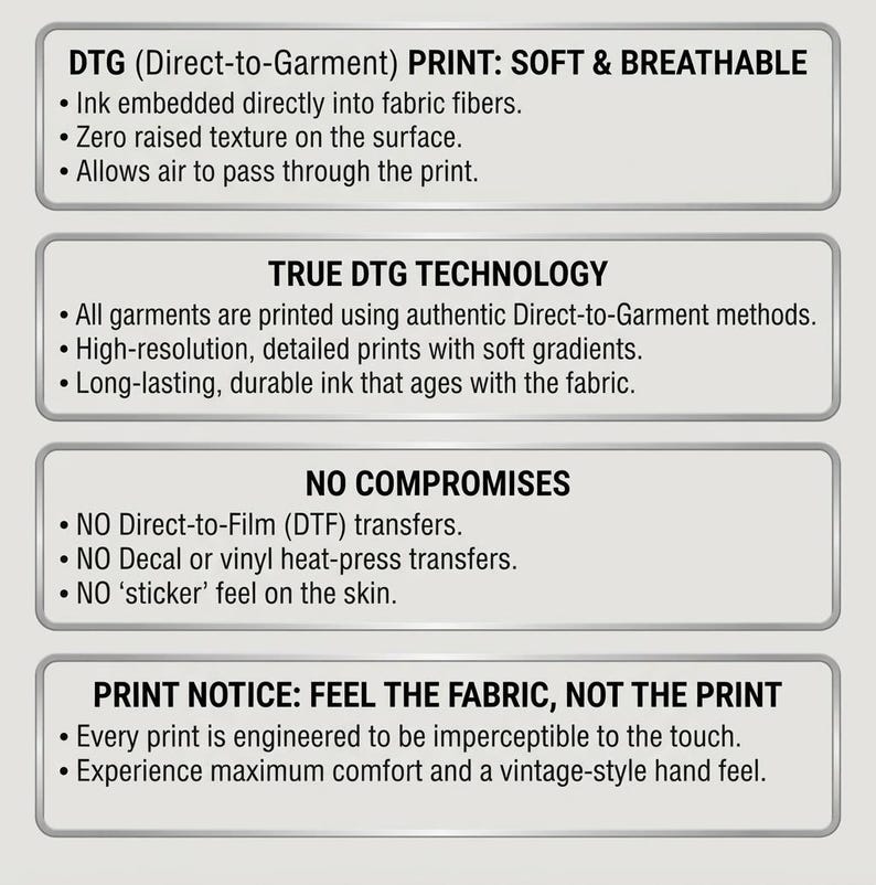 May include: An informational graphic with four rectangular boxes containing black text on a light background. The text details DTG printing technology, emphasizing soft, breathable, high-resolution prints without raised textures or sticker-like feels.