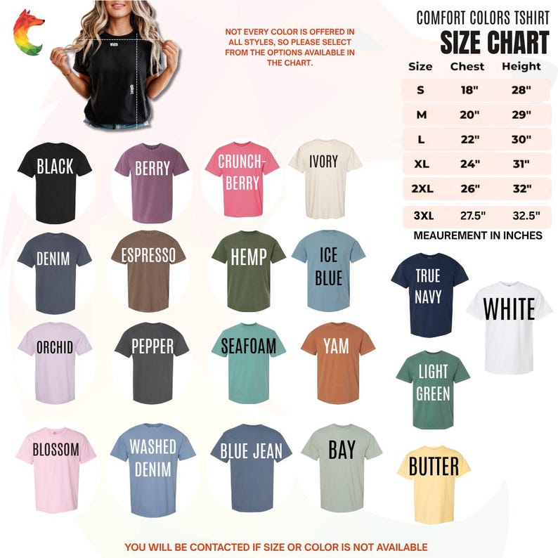 May include: A Comfort Colors t-shirt size chart displaying a grid of various shirt colors including black, berry, crunchberry, ivory, denim, espresso, hemp, ice blue, true navy, white, orchid, pepper, seafoam, yam, light green, blossom, washed denim, blue jean, bay, and butter, with a table listing sizes S through 3XL in inches.