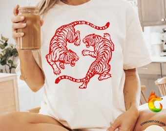 Comfort Colors Japanese Fighting Tigers Tee Vintage Tattoo Art Graphic Shirt Retro Tiger Lover Gift Unisex Top, Unisex hoodie and sweatshirt