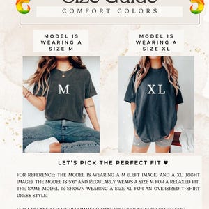 May include: A size guide for Comfort Colors t-shirts featuring two images of a person wearing a dark gray t-shirt. The left image shows a size M, and the right image shows a size XL. The text includes Size Guide, Comfort Colors, and fit advice.