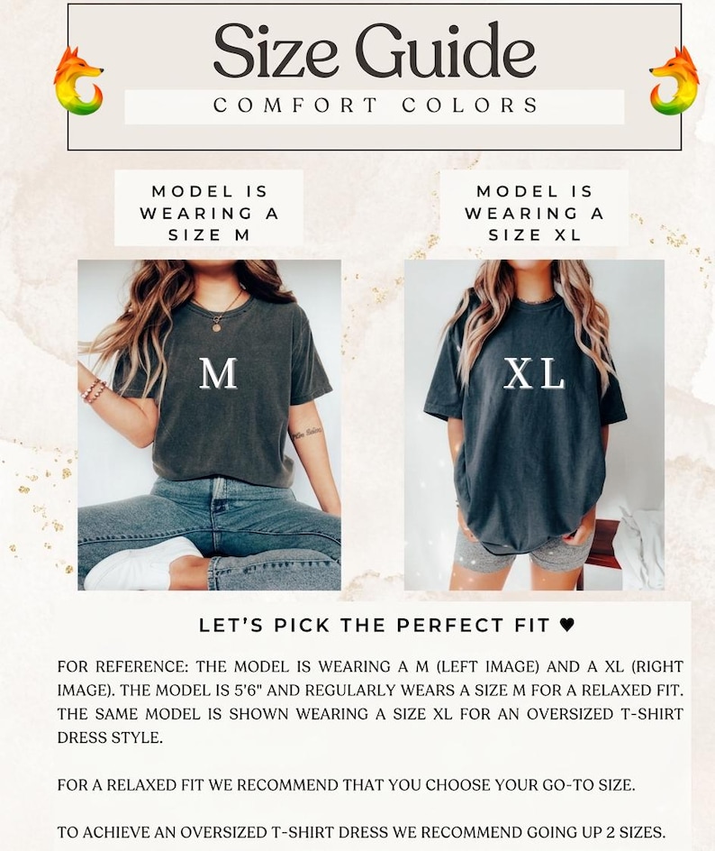 May include: A size guide for Comfort Colors t-shirts featuring two images of a person wearing a dark gray t-shirt. The left image shows a size M, and the right image shows a size XL. The text includes Size Guide, Comfort Colors, and fit advice.