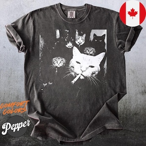 Peut inclure: Un t-shirt à manches courtes gris anthracite avec une impression graphique blanche à fort contraste représentant plusieurs chats, dont un chat proéminent au premier plan avec une cigarette à la bouche. Col rond et fini délavé vintage.