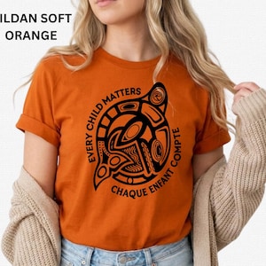 Every Child Matters Orange Shirt: Salish Orca Art Indigenous T-Shirt, Orange Shirt Day Tee, Bilingual Gift, Native Awareness Shirt